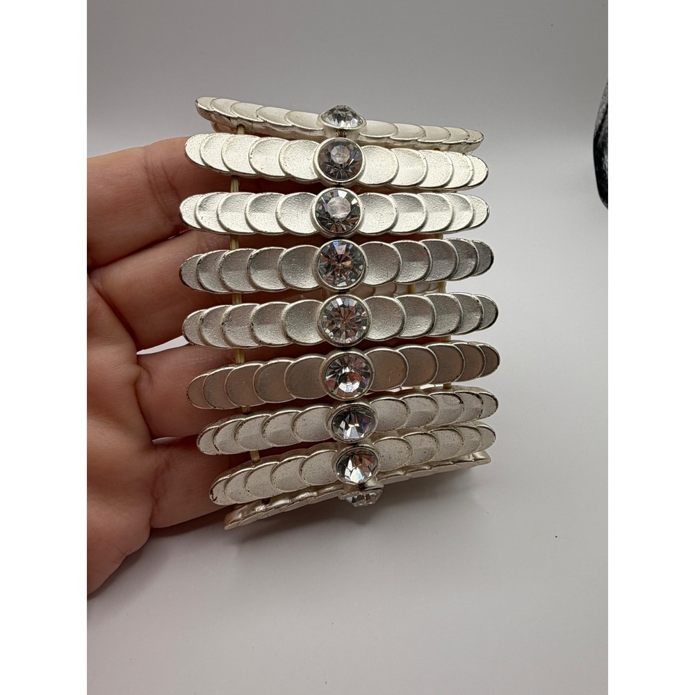Vintage MCM‎ Metal Bling Chic Silver Stretch Bracelet with Sparkling Rhinestones